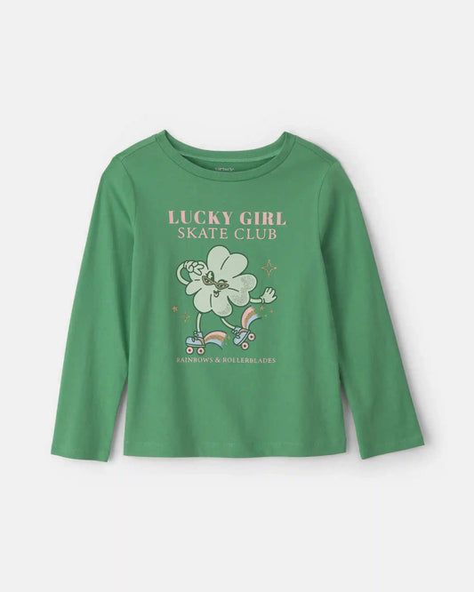 Girls 'Lucky Girl Skate Club' St Patrick's Day Long-Sleeve Graphic Tee - Green