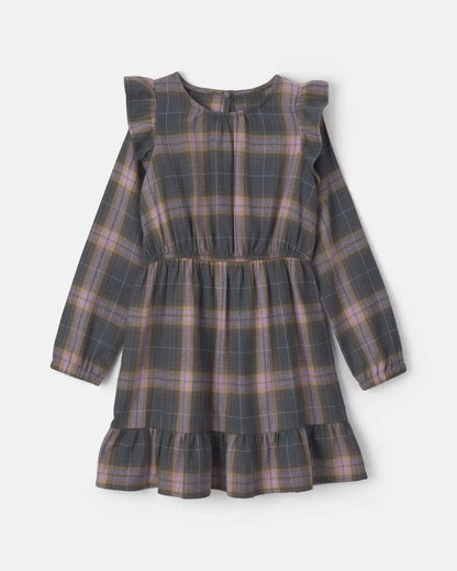 Girls Plaid Ruffle Long-Sleeve Dress - Grey/Pink