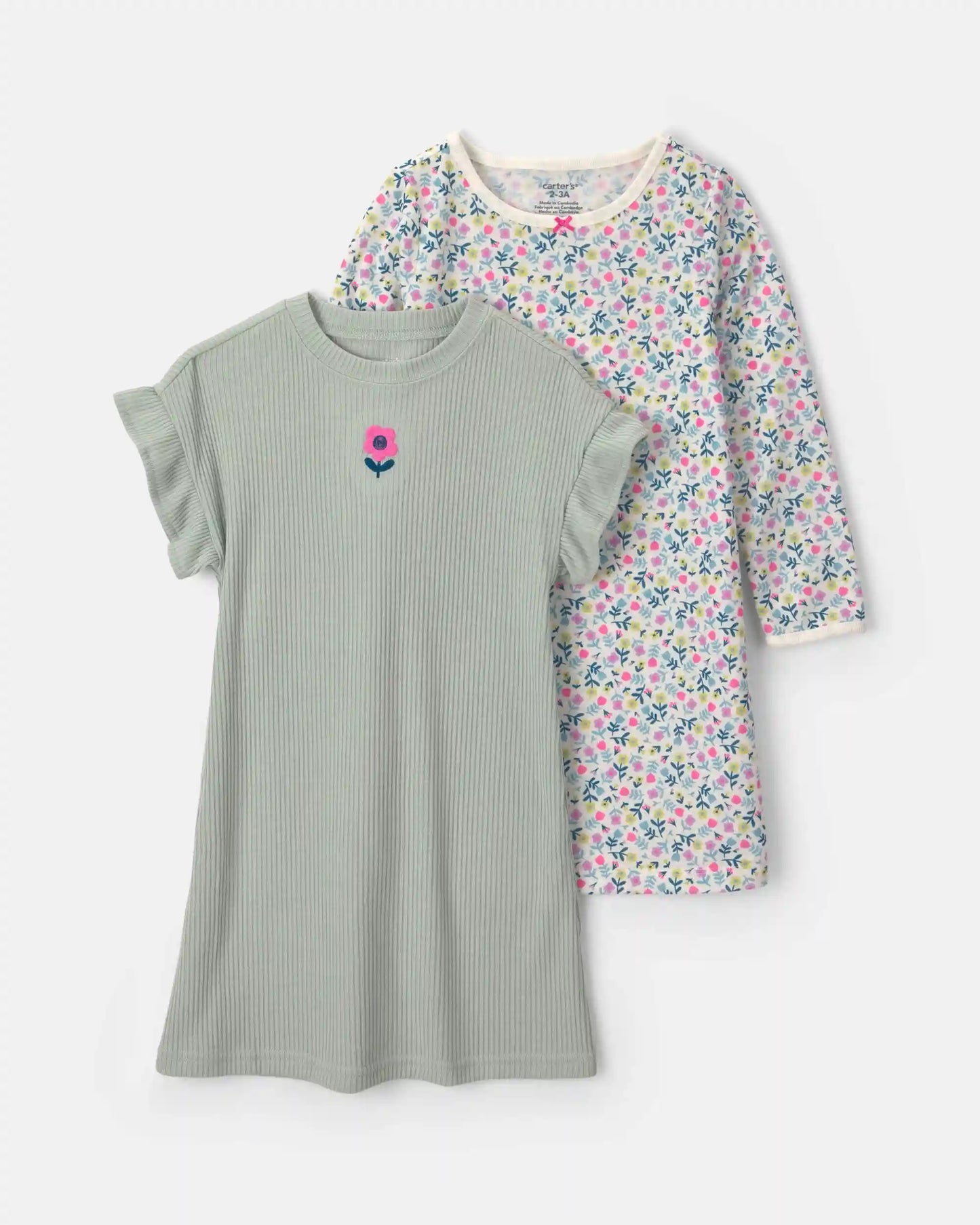 Girls 2-Pack Floral Loose Fit Night Gown - Green/Pink