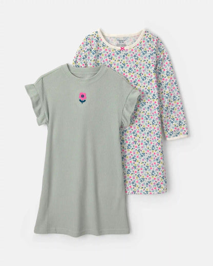 Girls 2-Pack Floral Loose Fit Night Gown - Green/Pink