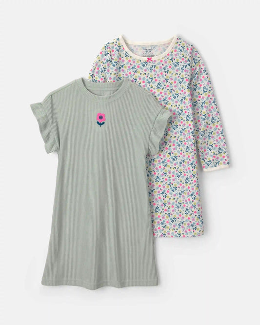 Girls 2-Pack Floral Loose Fit Night Gown - Green/Pink