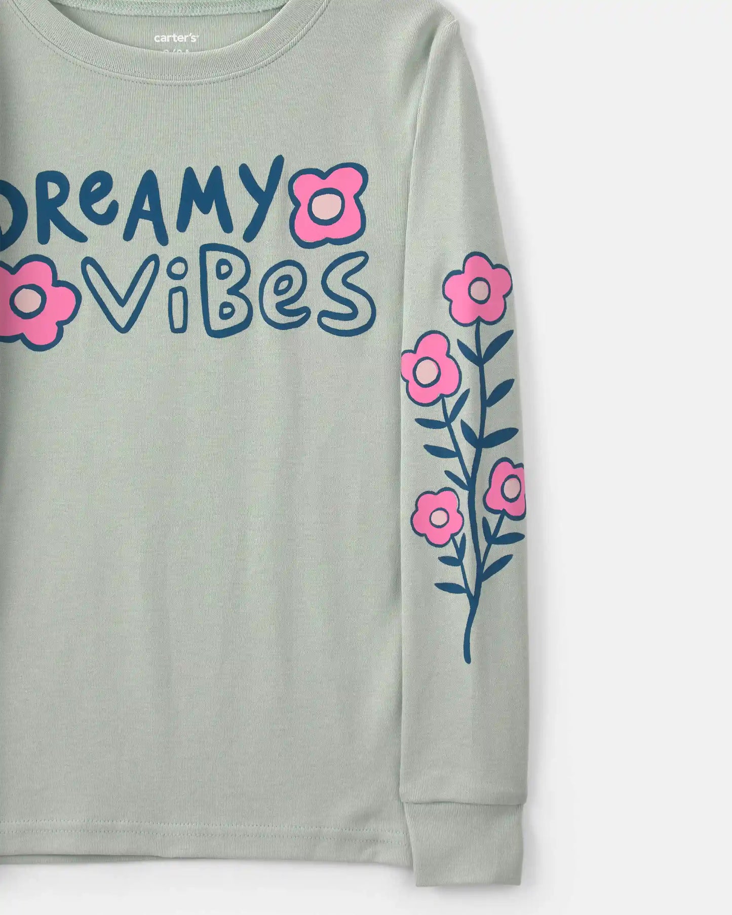 Girls 'Dreamy Vibes' Floral 100% Cotton 4-Piece Pajama Set - Green/Pink