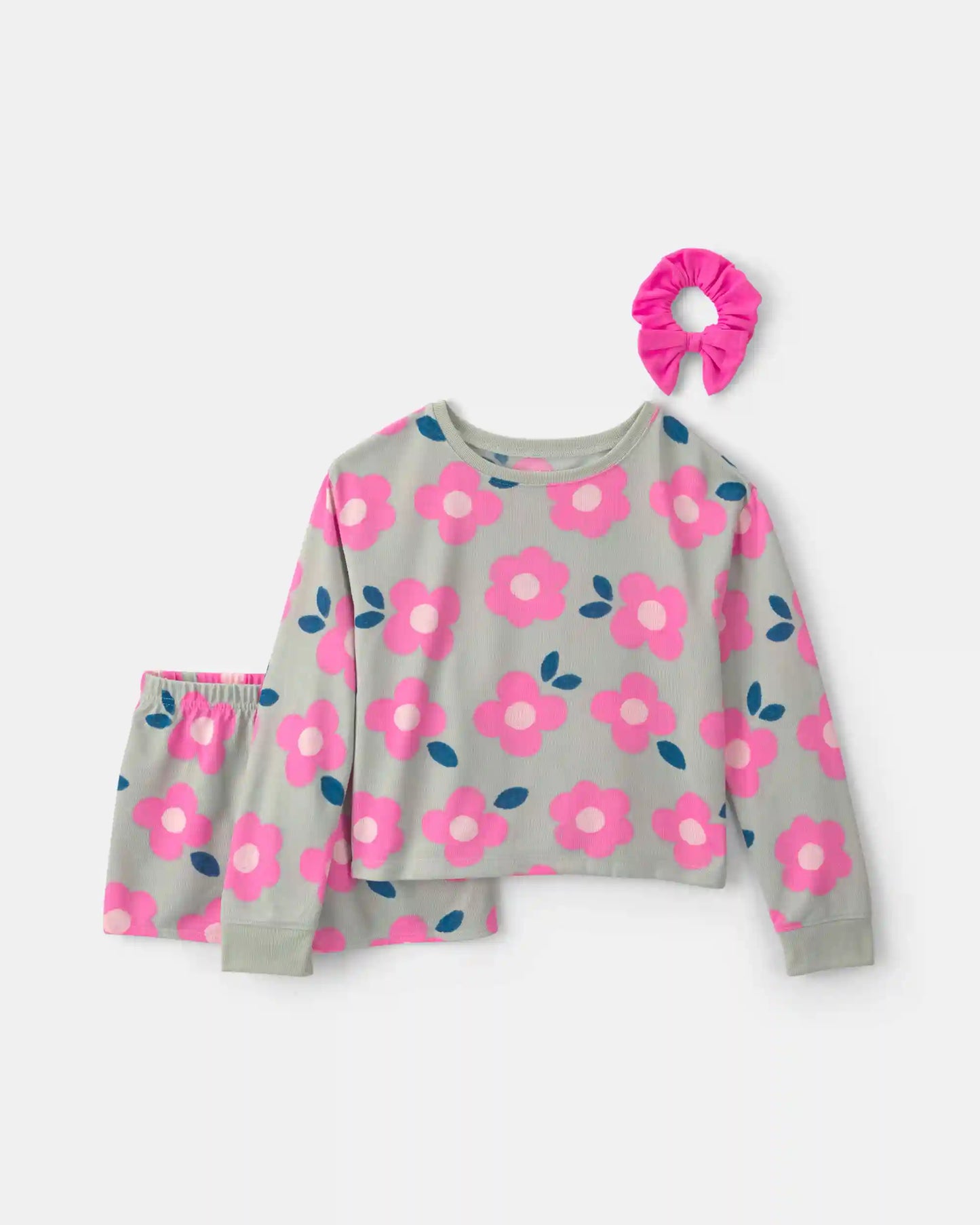 Girls Floral Loose Fit 3-Piece Pajama Set - Pink