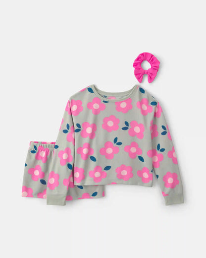 Girls Floral Loose Fit 3-Piece Pajama Set - Pink