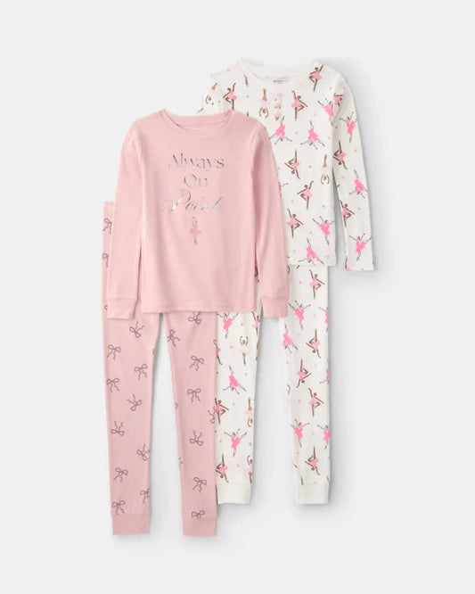 Girls 'Always On Pointe' Ballerina 100% Cotton 4-Piece Pajama Set - Pink/White
