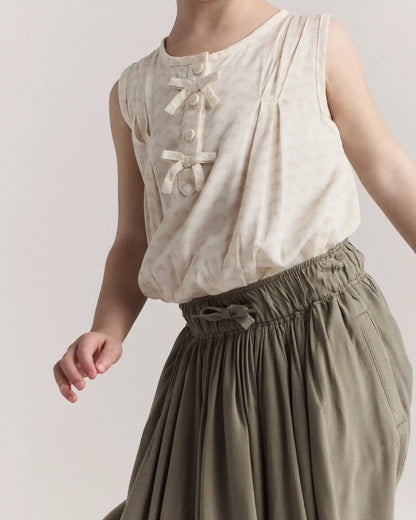 Toddler Girl Sleeveless Bow Top in Rainbow Print - Cream