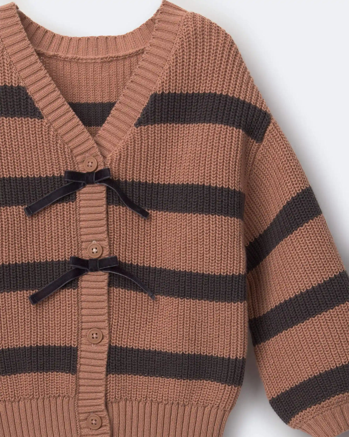 Toddler Girl Striped Puff-Sleeve Cardigan with Bows - Mocha Brown/Black