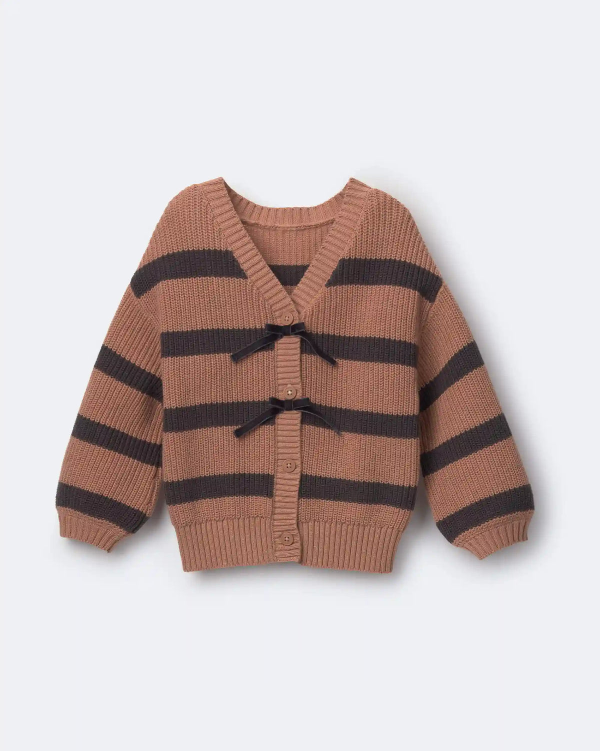 Toddler Girl Striped Puff-Sleeve Cardigan with Bows - Mocha Brown/Black