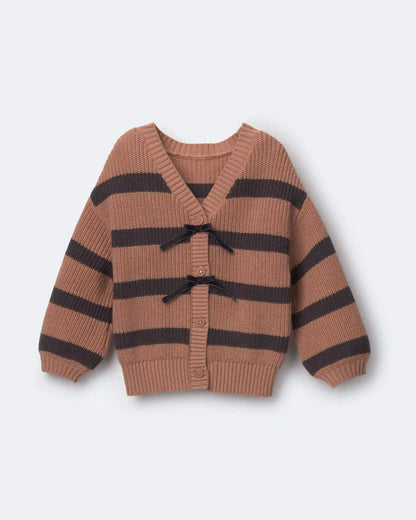 Toddler Girl Striped Puff-Sleeve Cardigan with Bows - Mocha Brown/Black