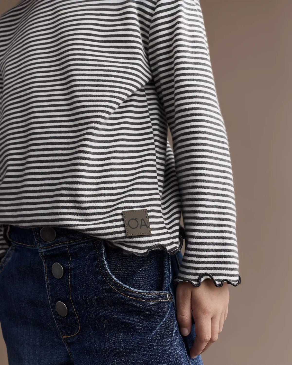 Toddler Girl Striped Ruffle Edge Long-Sleeve Top - Dark Grey/Ivory