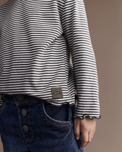 Toddler Girl Striped Ruffle Edge Long-Sleeve Top - Dark Grey/Ivory