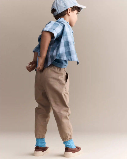 Toddler Boy Button-Down Short-Sleeve Shirt in Plaid - Blue
