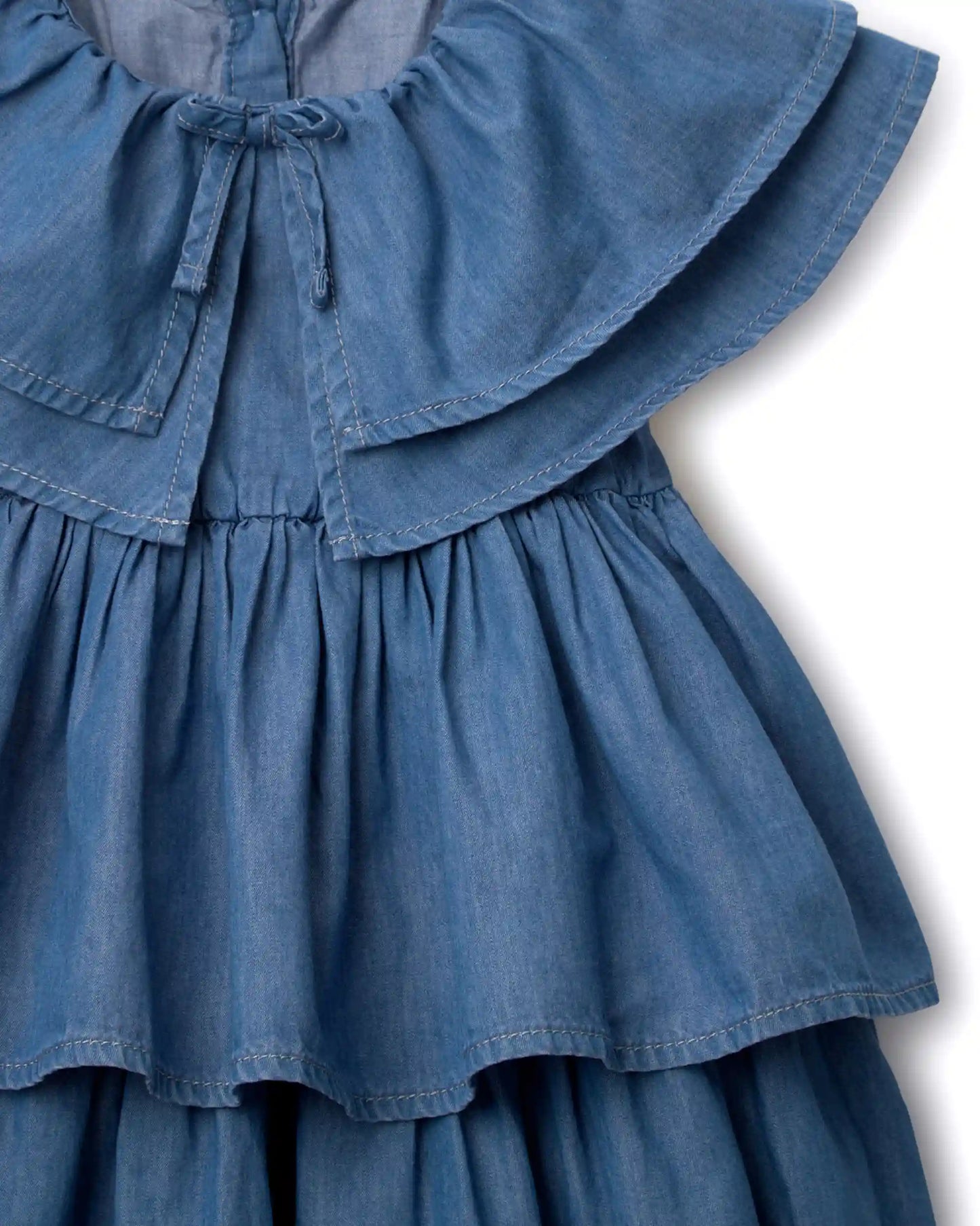 Toddler Girl Ruffle Tiered Dress in Chambray - Blue