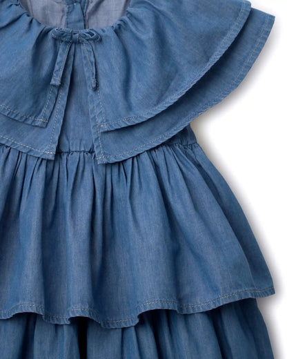 Toddler Girl Ruffle Tiered Dress in Chambray - Blue