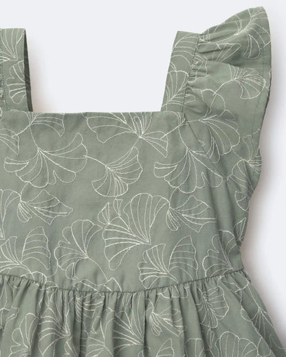 Toddler Girl Embroidered Flutter Sleeve Dress in Floral Print - Green