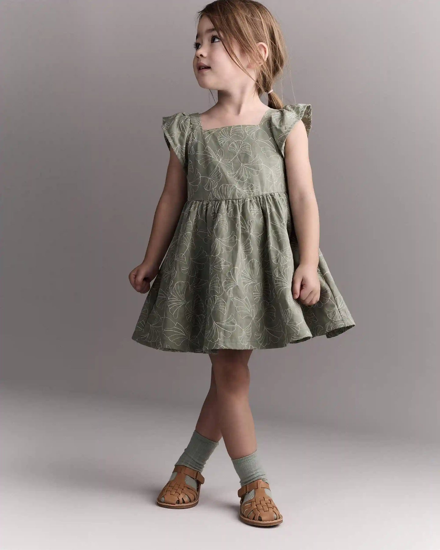 Toddler Girl Embroidered Flutter Sleeve Dress in Floral Print - Green