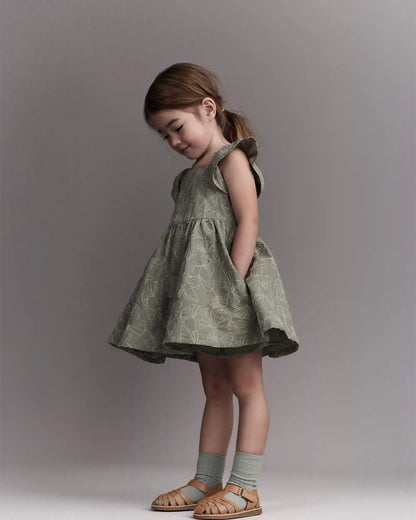 Toddler Girl Embroidered Flutter Sleeve Dress in Floral Print - Green