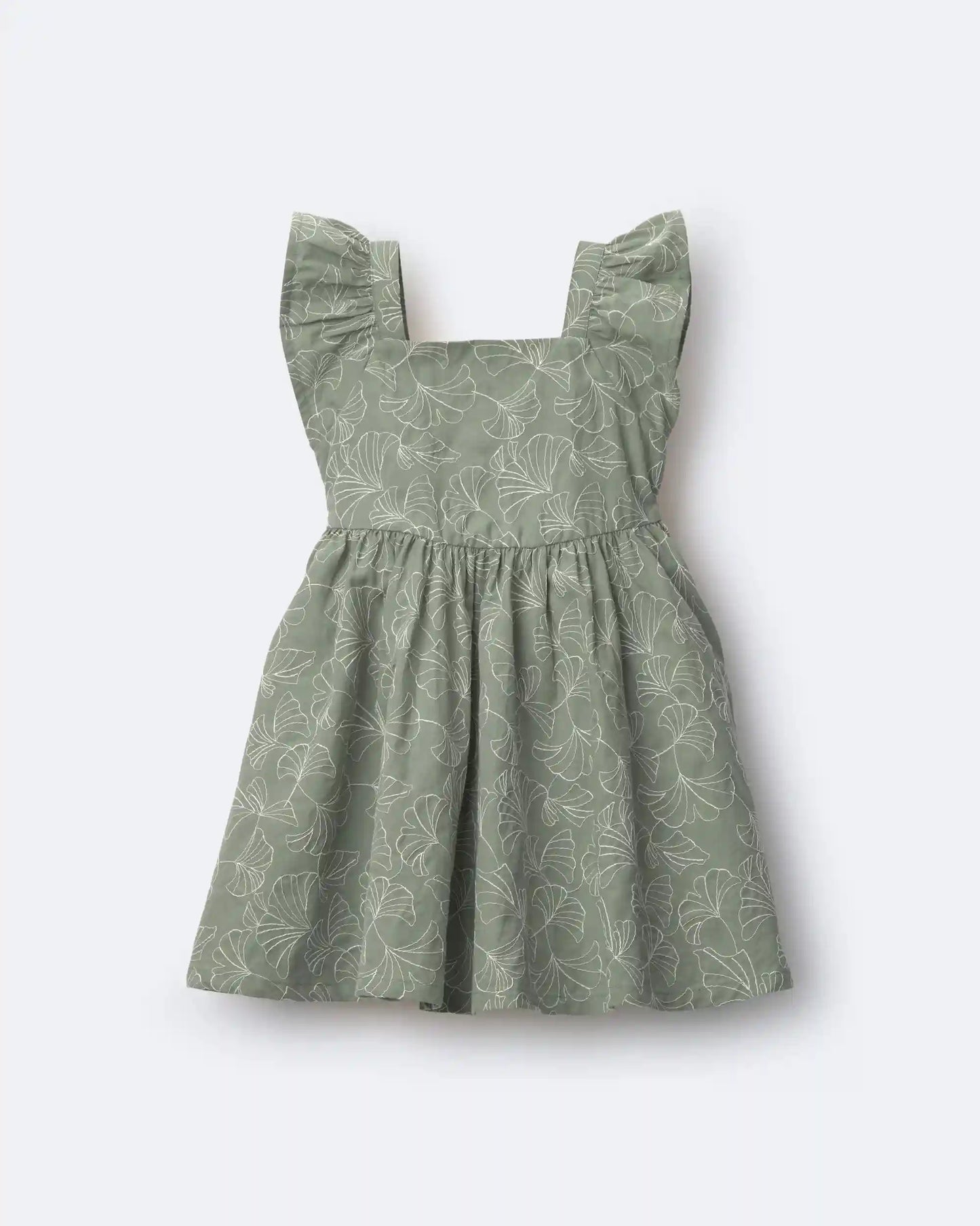 Toddler Girl Embroidered Flutter Sleeve Dress in Floral Print - Green