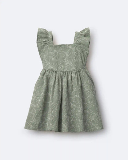 Toddler Girl Embroidered Flutter Sleeve Dress in Floral Print - Green