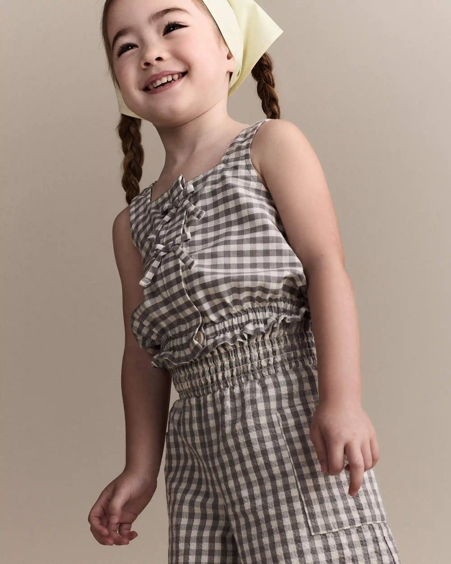 Toddler Girl Gingham Peplum Top with Bows - Cream/Grey