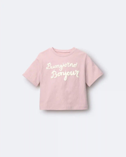 Toddler Girl 'Buongiorno, Bonjour' Rolled Cuff Tee - Light Pink