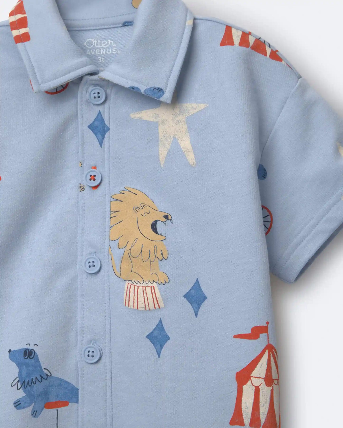 Toddler Boy Button-Down Short-Sleeve Shirt in Circus Print - Blue