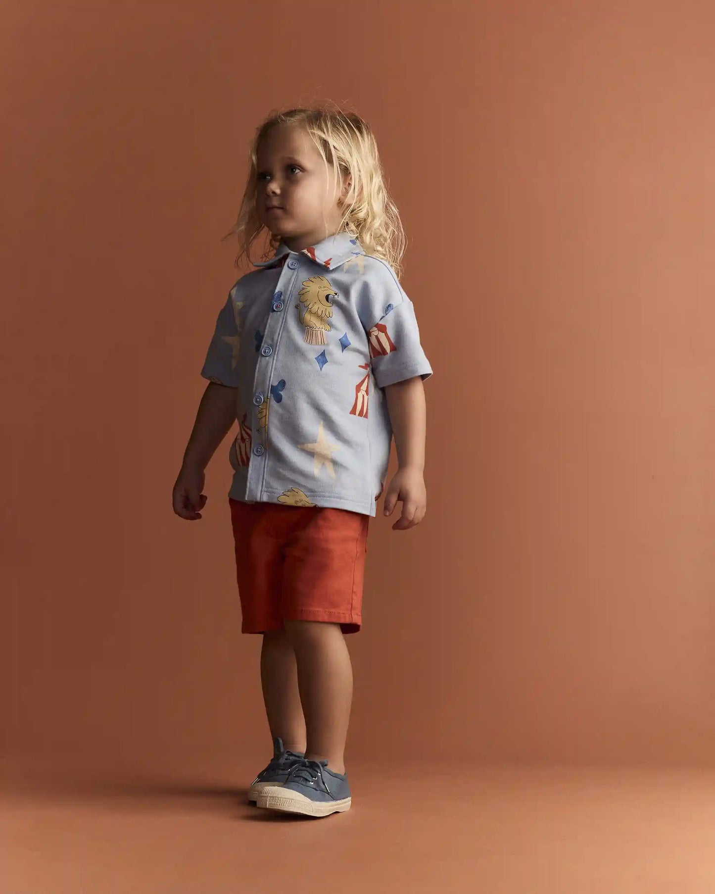Toddler Boy Button-Down Short-Sleeve Shirt in Circus Print - Blue