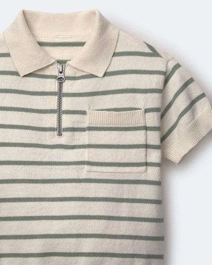 Toddler Boy Knit Zip-Up Polo in Stripes - Cream