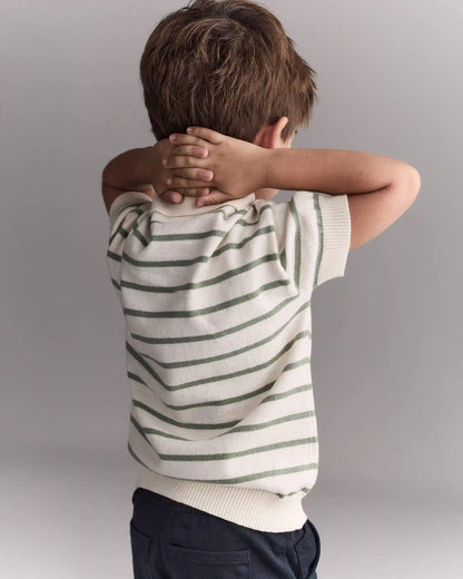 Toddler Boy Knit Zip-Up Polo in Stripes - Cream