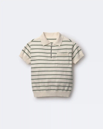 Toddler Boy Knit Zip-Up Polo in Stripes - Cream