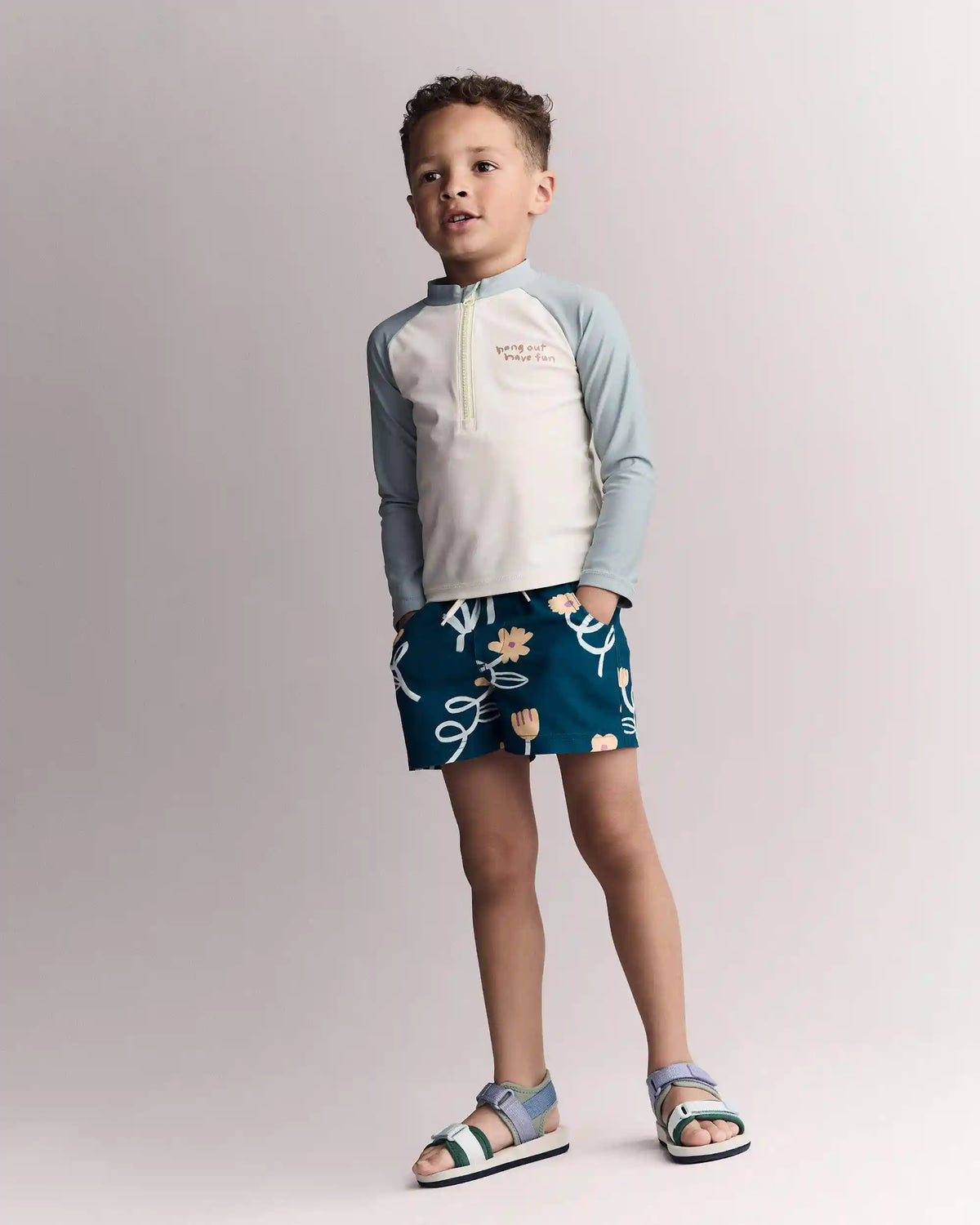 Toddler Boy Swim Trunk in Floral Print - Teal