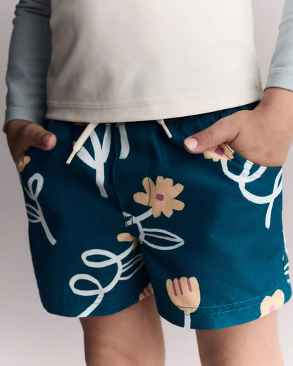 Toddler Boy Swim Trunk in Floral Print - Teal