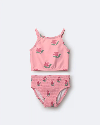 Toddler Girl Smocked Tankini in Floral Print - Pink