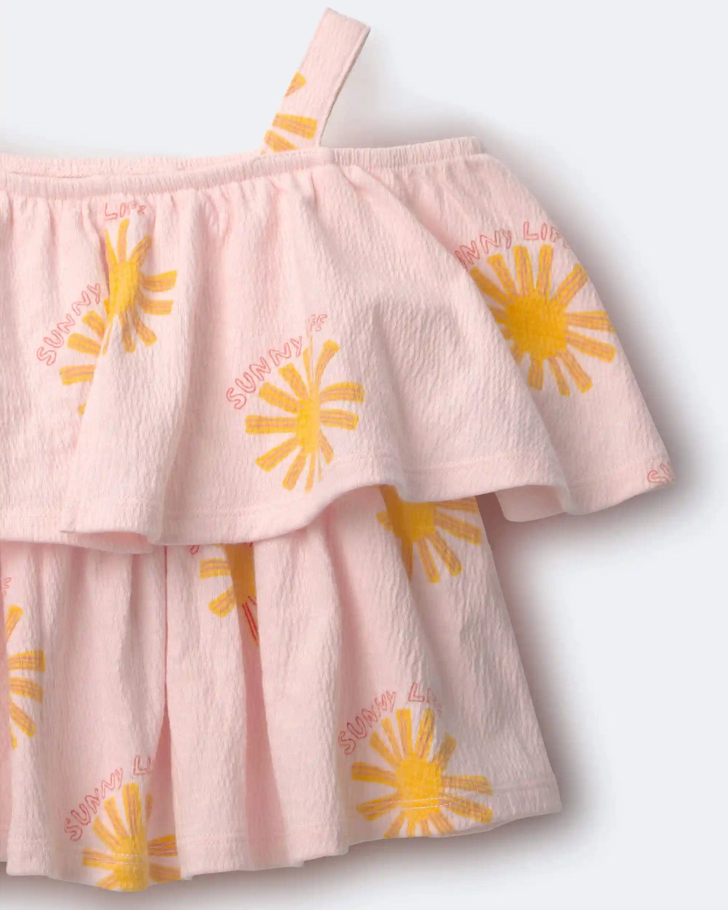 Toddler Girl Off Shoulder Flowy Top in Sunny Life Print - Light Pink