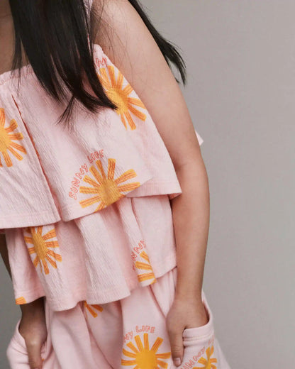 Toddler Girl Off Shoulder Flowy Top in Sunny Life Print - Light Pink