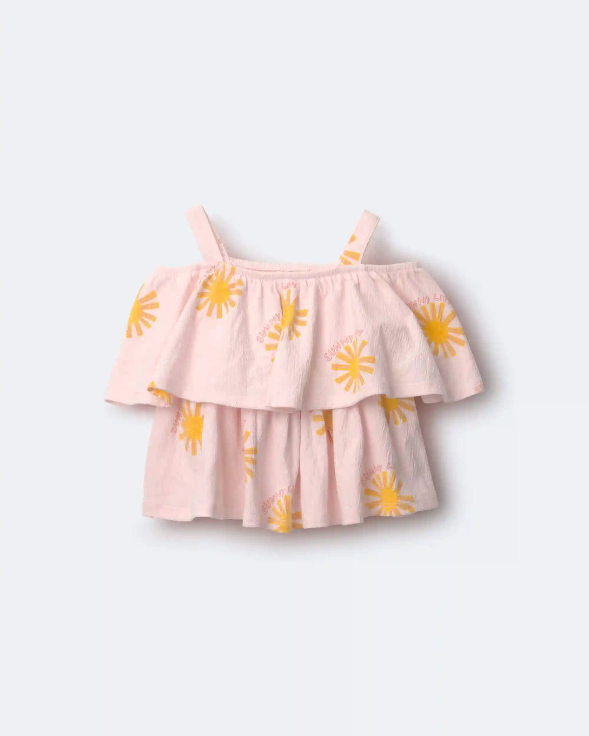 Toddler Girl Off Shoulder Flowy Top in Sunny Life Print - Light Pink