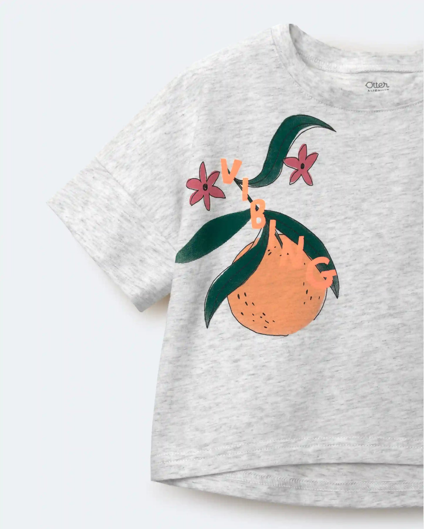 Toddler Girl 'Vibing' High-Low Dolman Tee in Clementine Print - Heather Grey