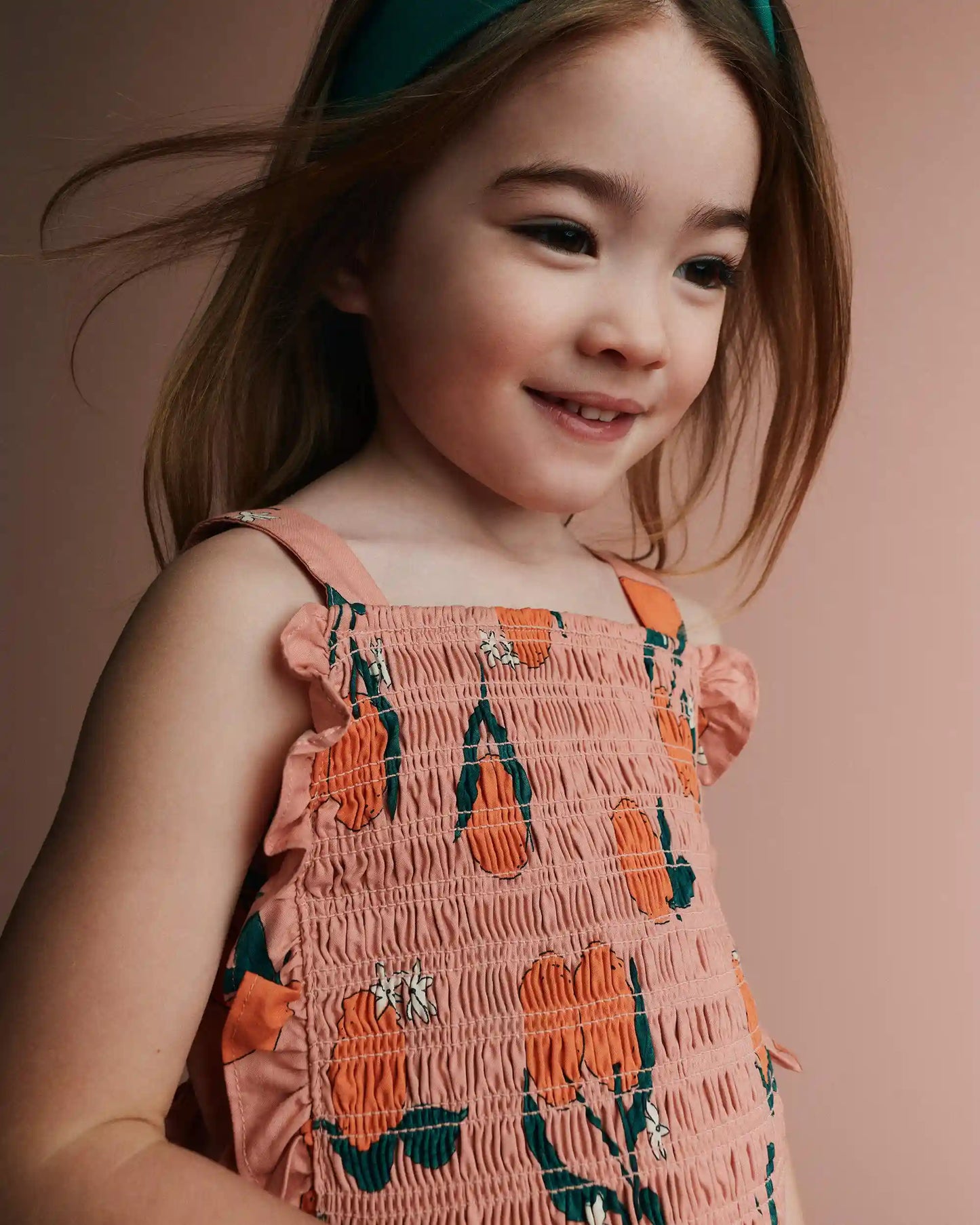 Toddler Girl Smocked Bib Top in Clementine Grove Print - Light Pink