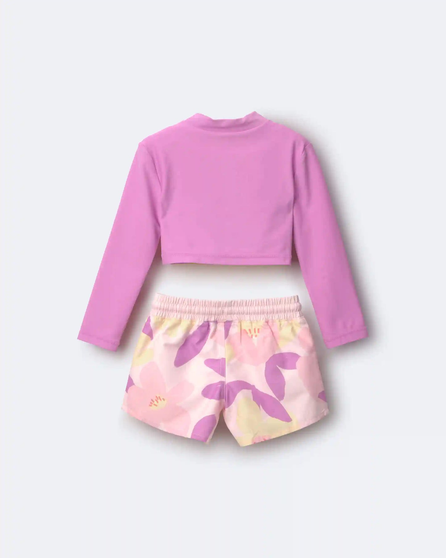 Toddler Girl Cropped Long-Sleeve Rashguard Set in Tropical Print - Purple/Rose