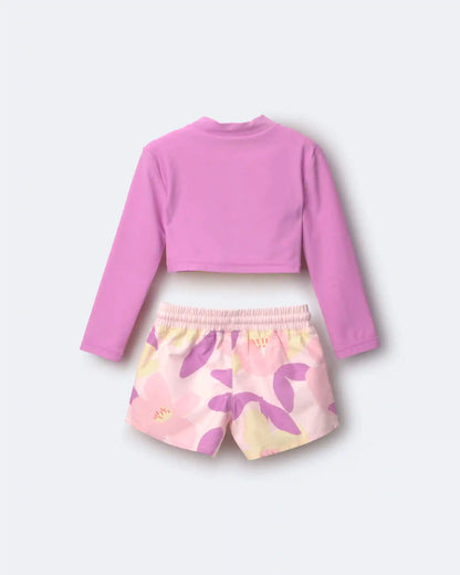 Toddler Girl Cropped Long-Sleeve Rashguard Set in Tropical Print - Purple/Rose