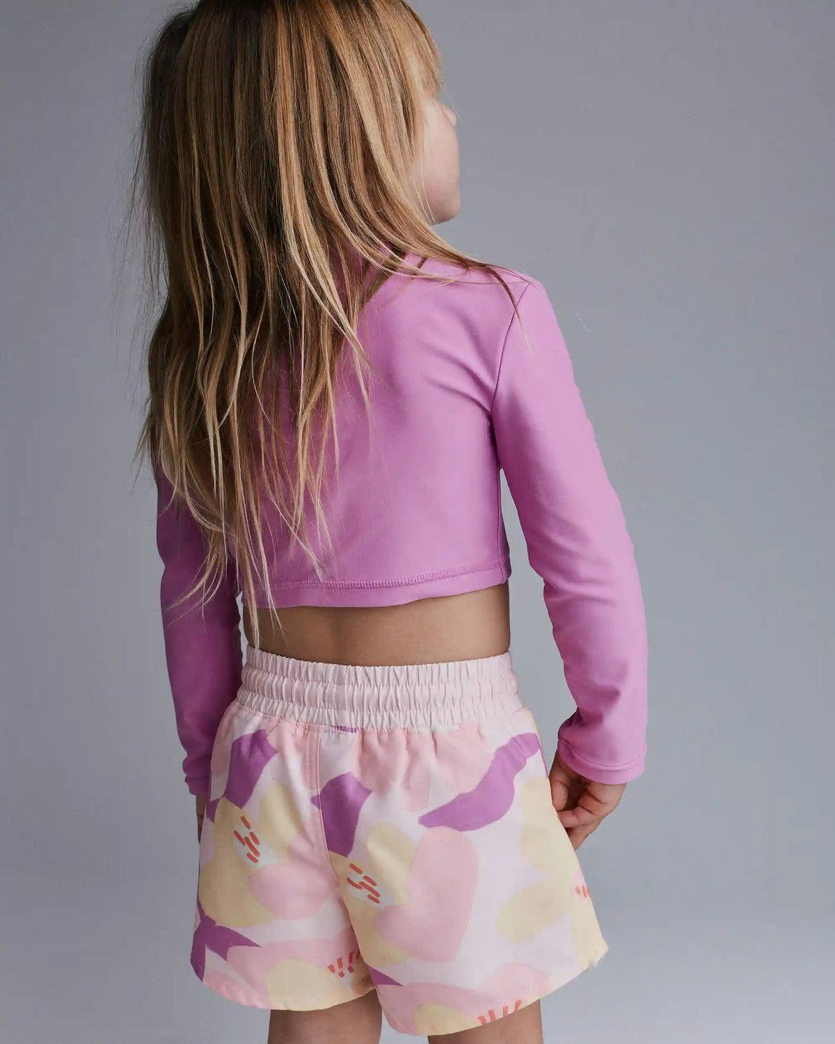Toddler Girl Cropped Long-Sleeve Rashguard Set in Tropical Print - Purple/Rose