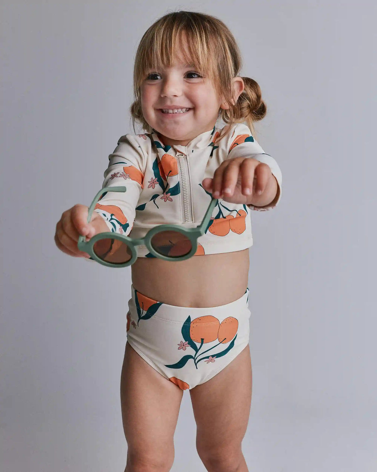 Toddler Girl Half-Zip Long-Sleeve Rashguard Set in Clementine Grove Print - Cream