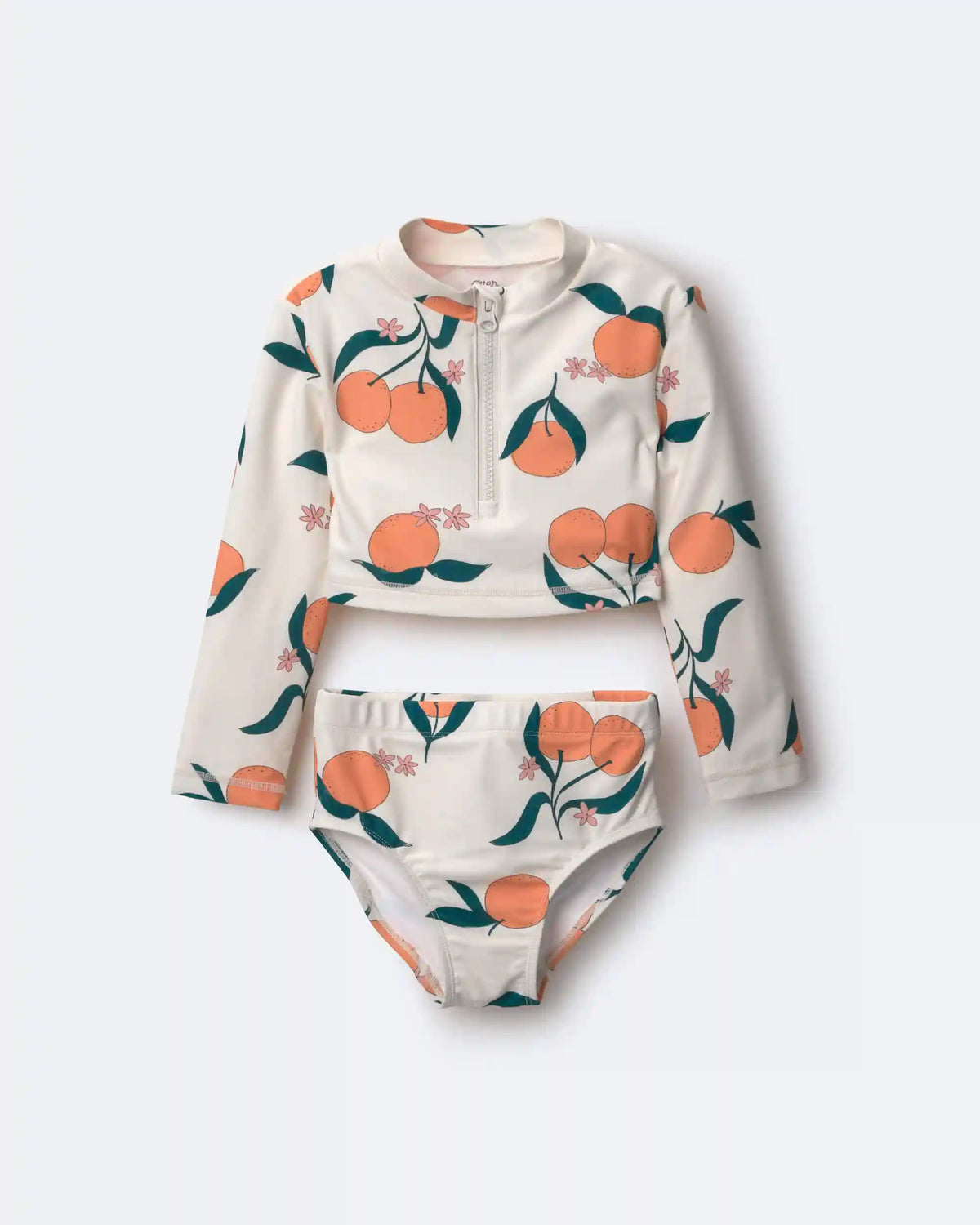 Toddler Girl Half-Zip Long-Sleeve Rashguard Set in Clementine Grove Print - Cream