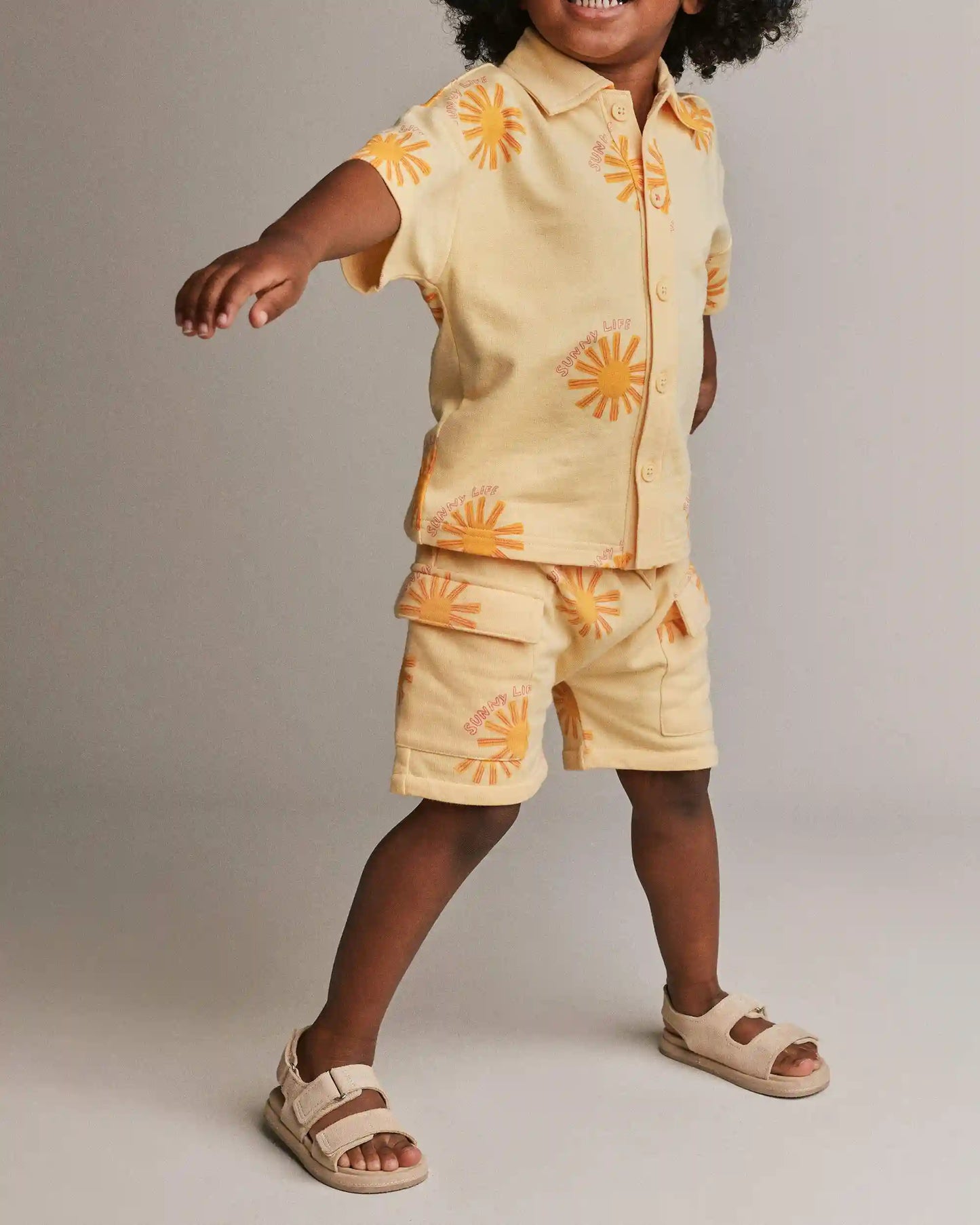 Toddler Boy French Terry Cargo Shorts in Sunny Life Print - Yellow