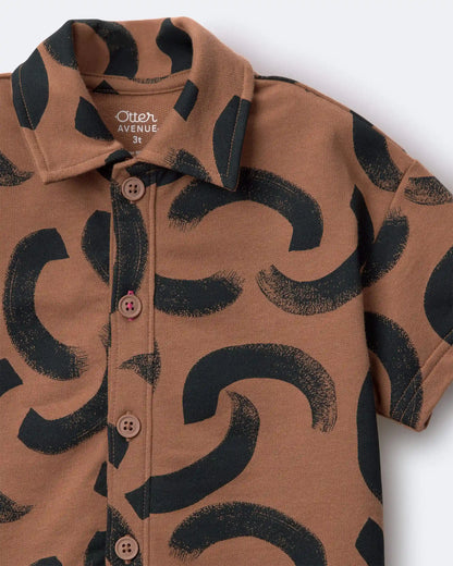Toddler Boy Button-Down Short-Sleeve Shirt in Abstract Print - Brown