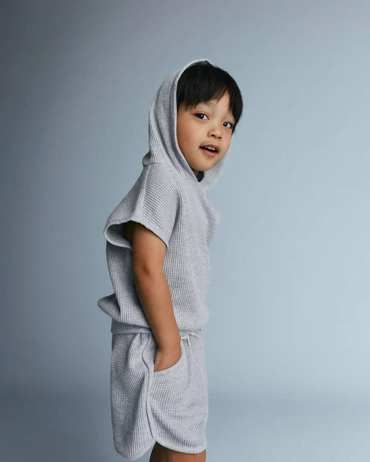 Toddler Waffle Knit Elastic-Waist Hooded Top - Heather Grey