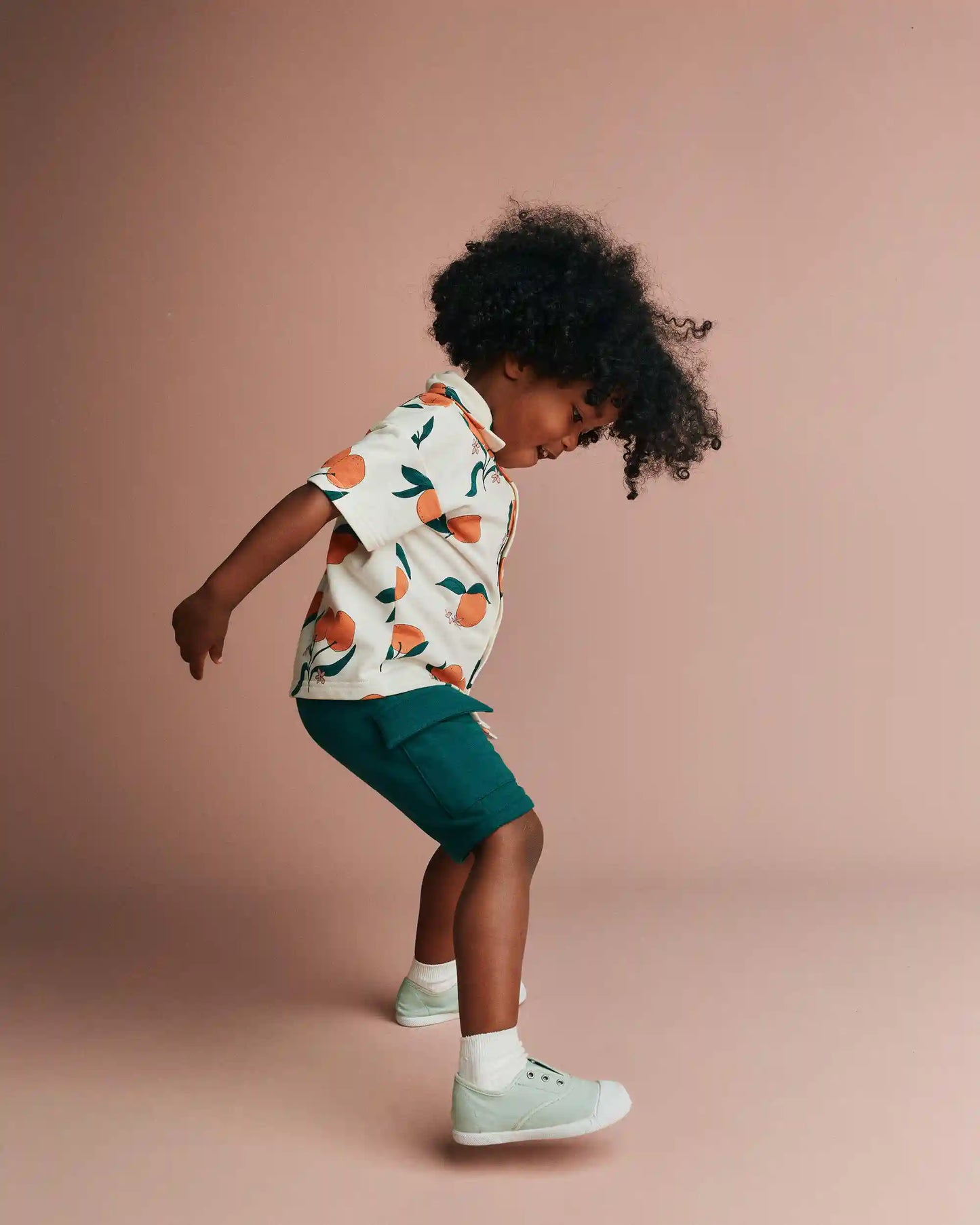 Toddler Boy Button-Down Short-Sleeve Shirt in Clementine Grove Print - Cream