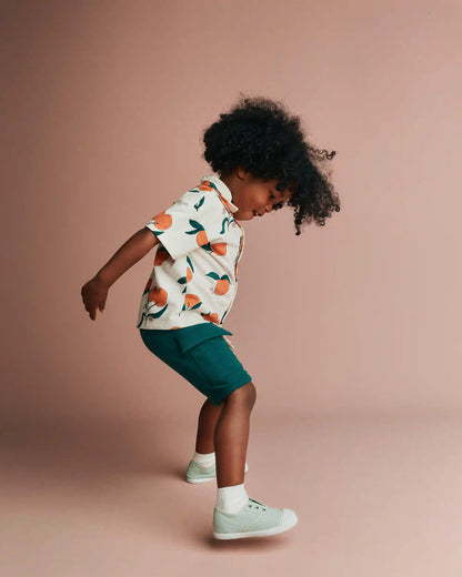 Toddler Boy Button-Down Short-Sleeve Shirt in Clementine Grove Print - Cream