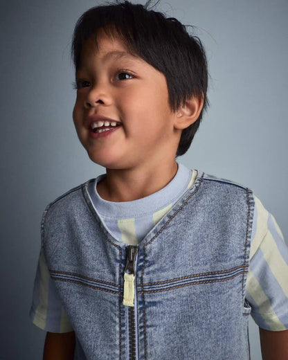 Toddler Boy Zip-Up Denim Vest with Pockets in Avenue Wash - Blue
