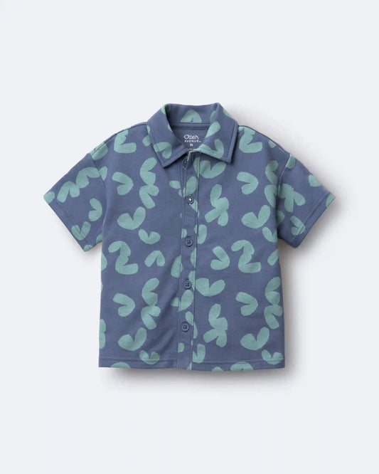 Toddler Boy Button-Down Short-Sleeve Shirt in Abstract Print - Slate Blue